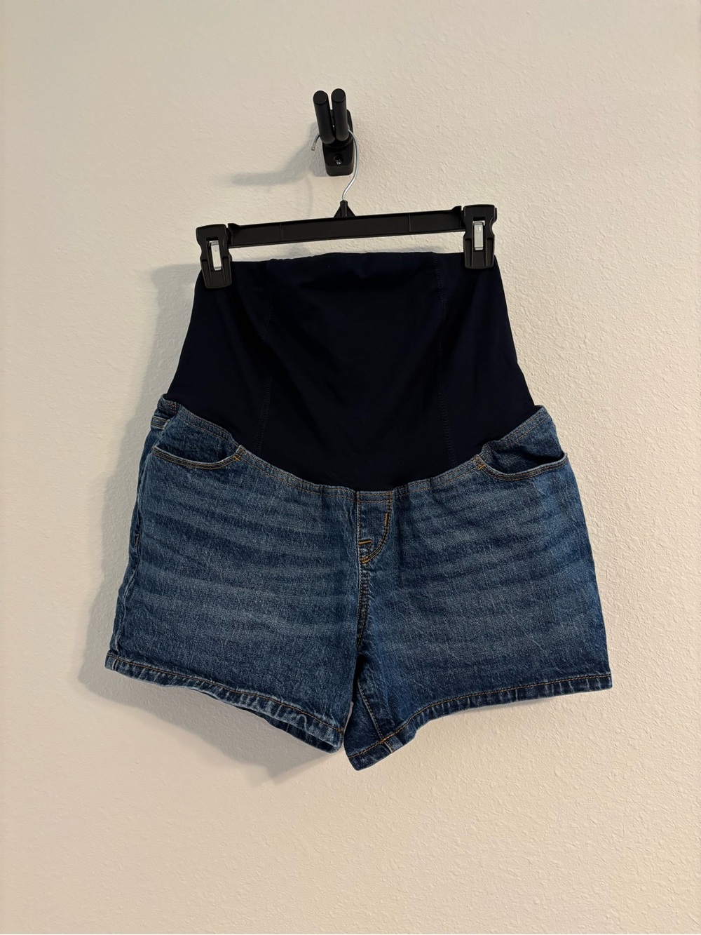 Isabel Maternity Denim Shorts with Navy Panel, like new, size small
